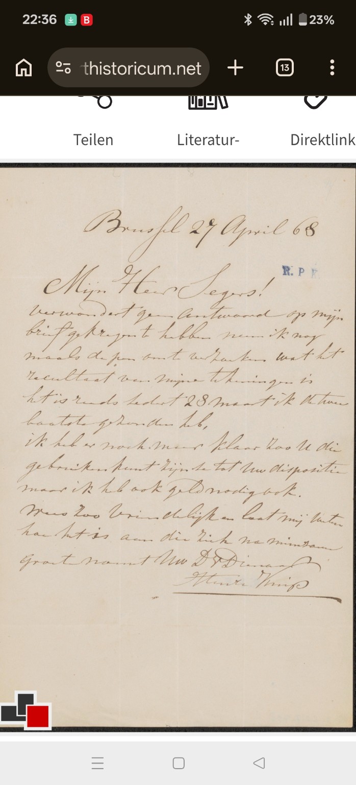 Henri Knip aan P. Segers — Brussel, 27 april 1868