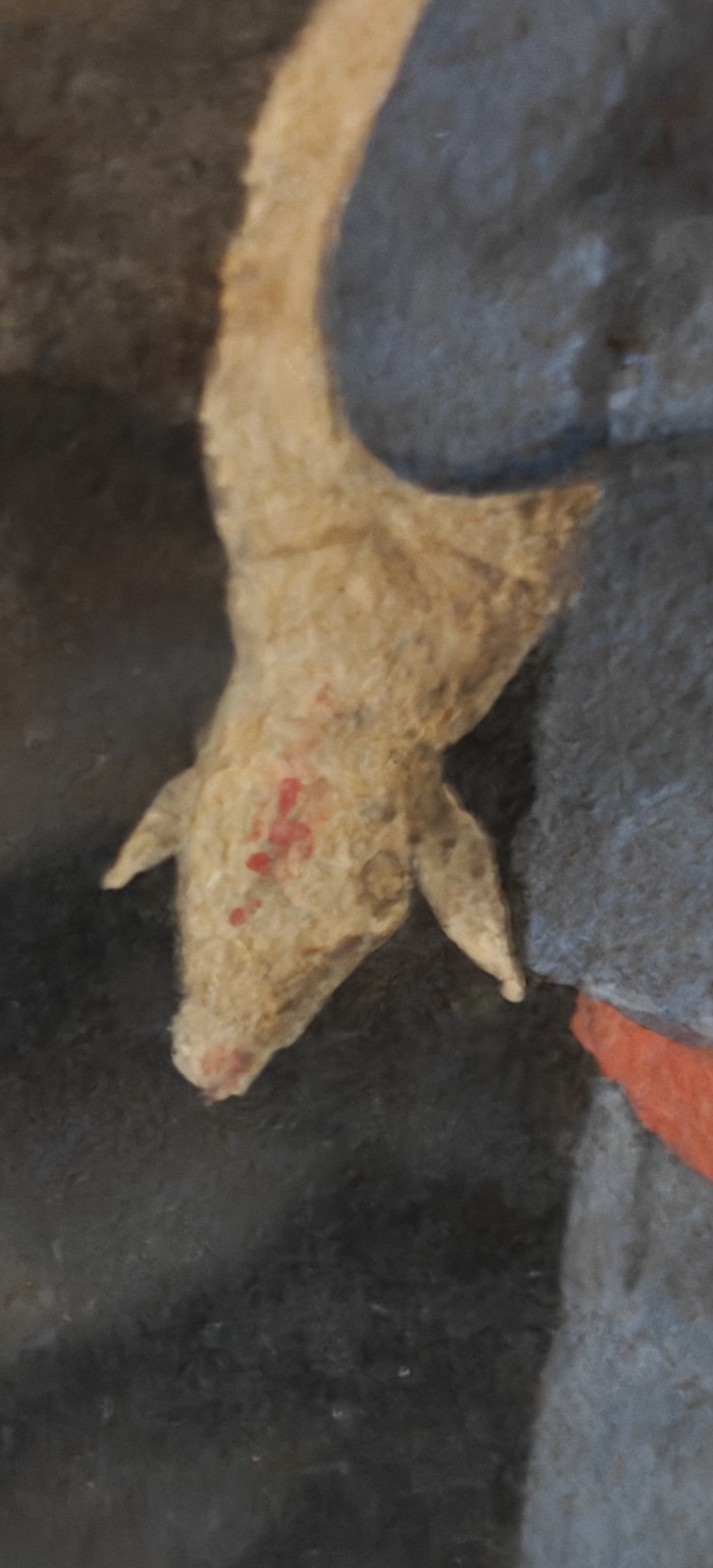 6-P. “De Jager” — detail van het over de schouder gedragen dier, waarschijnlijk een lam/jong schaap; de werktitel blijft voorlopig gehandhaafd, maar de figuur kan ook een boer/herder/veedrijver voorstellen.