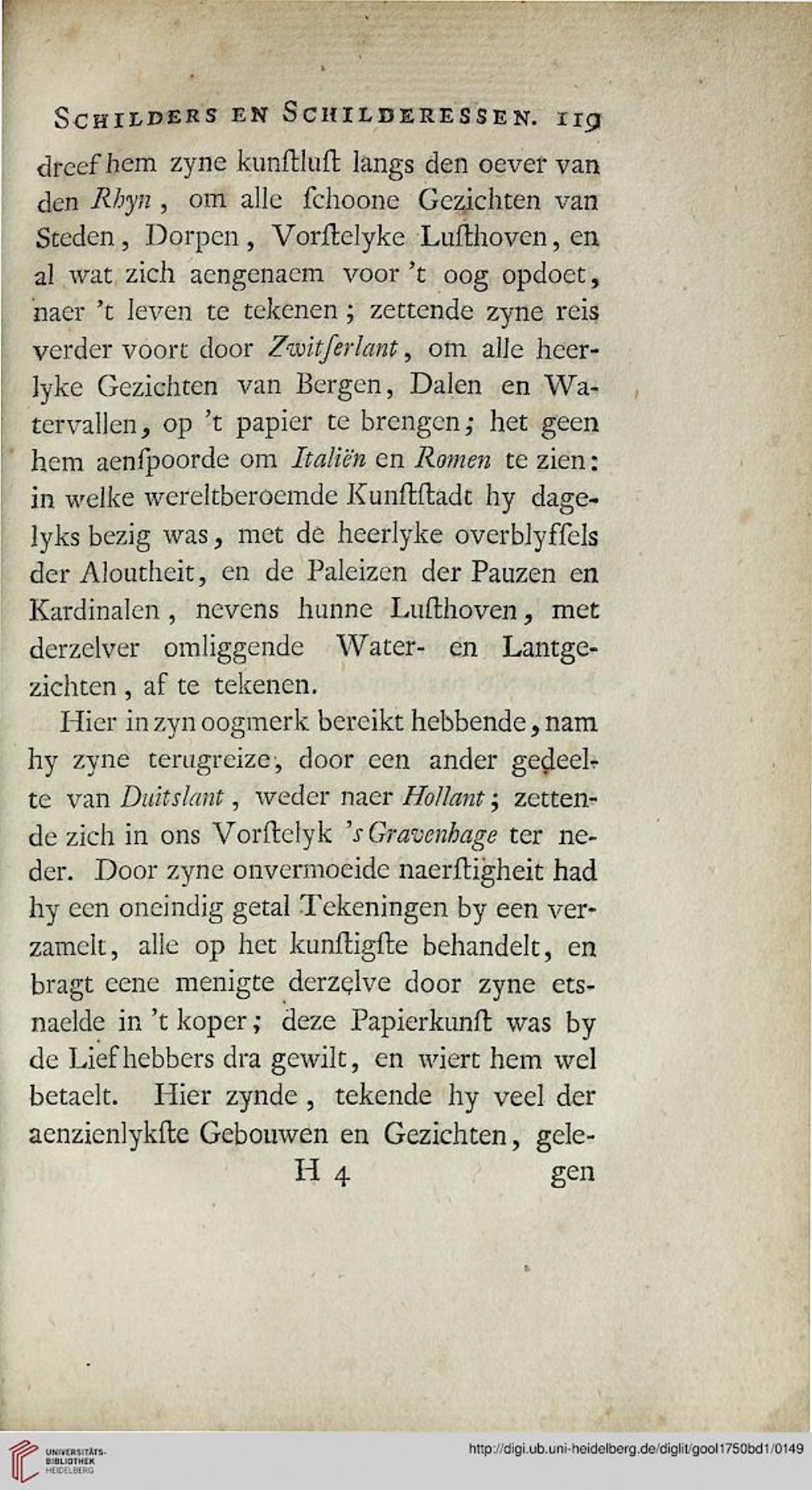Van Gool 1750, PDF p.150 — Jan van Call: Rijn → Zwitserland (bergen, dalen, watervallen) → Italië/Rome, alles tekenen.