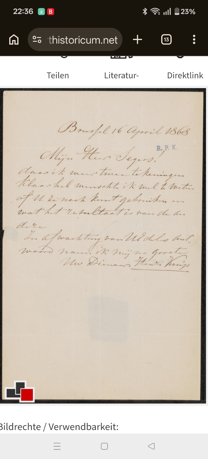 Henri Knip aan P. Segers — Brussel, 1 mei 1868
