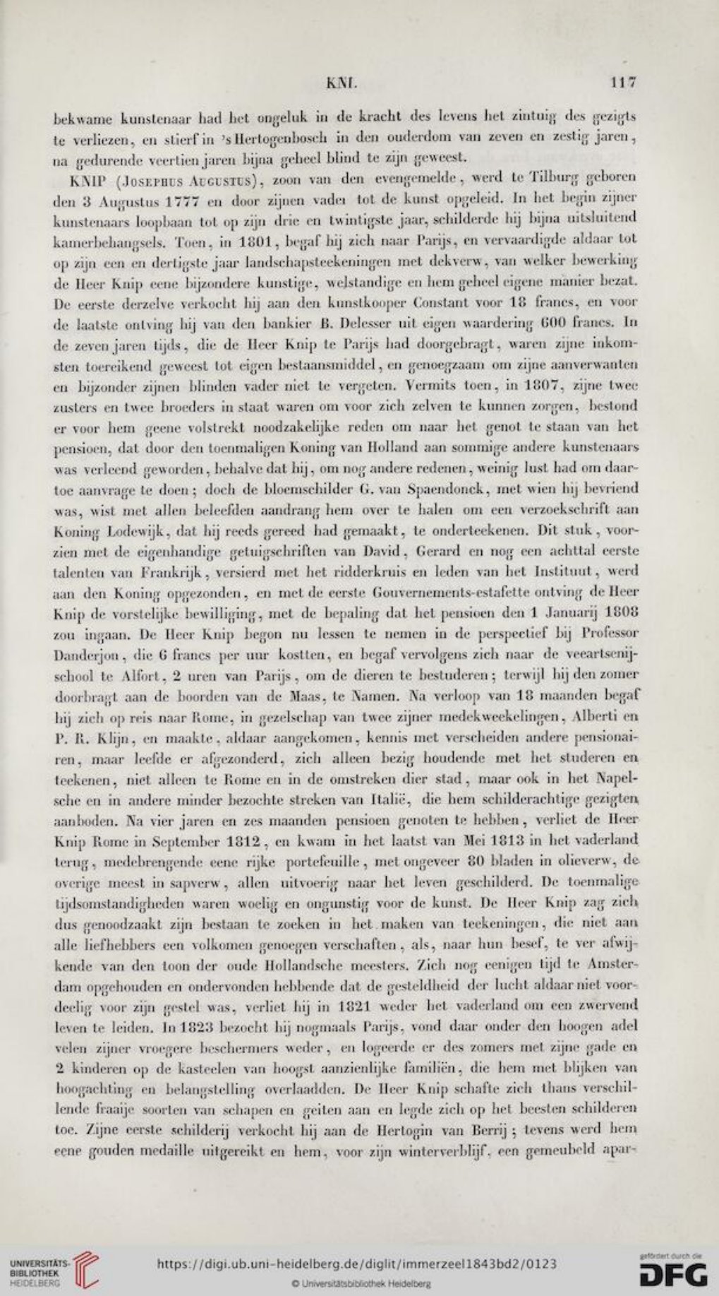 Immerzeel deel II, PDF p.124 / gedrukt p.117 — begin lemma Josephus Augustus Knip: Parijs, dekverf, Van Spaendonck, pensioen, Alfort, Namen en vertrek naar Rome met Alberti en P.R. Klijn.
