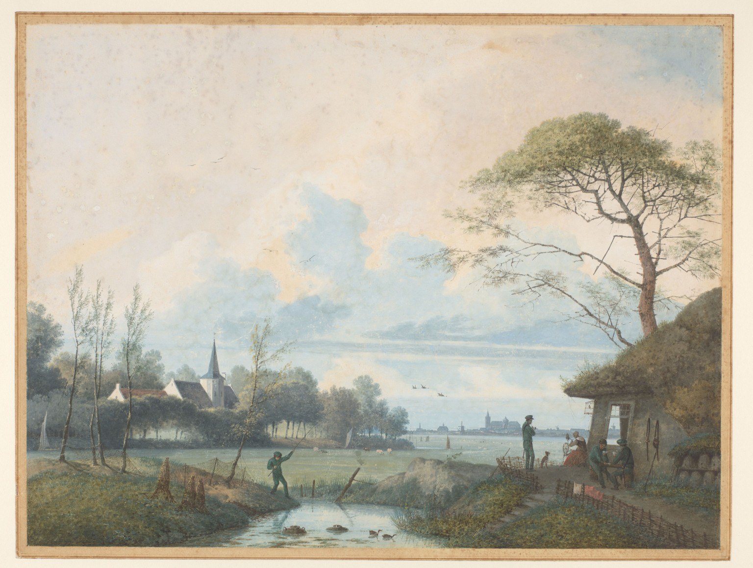 Uitgewerkt Nederlands landschap met kerk, water en stad