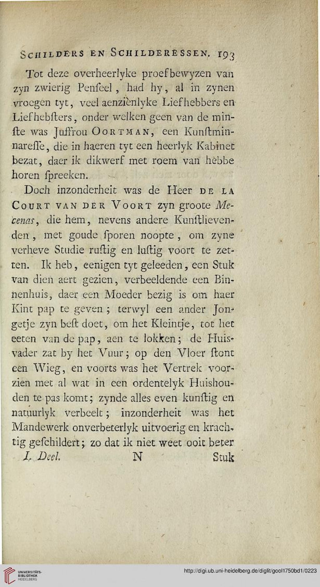 Van Gool 1750, PDF p.224 — Juffrou Oortman, kunstminnares met een “heerlyk Kabinet”.