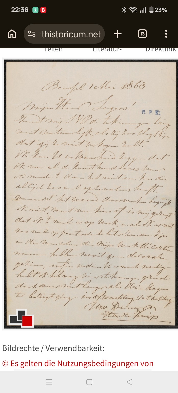 Henri Knip aan P. Segers — Brussel, 16 april 1868
