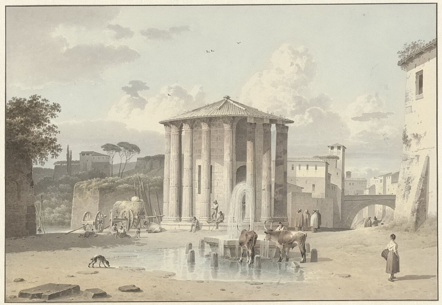 Romeins tempel-/fonteinmotief met vee en staffage