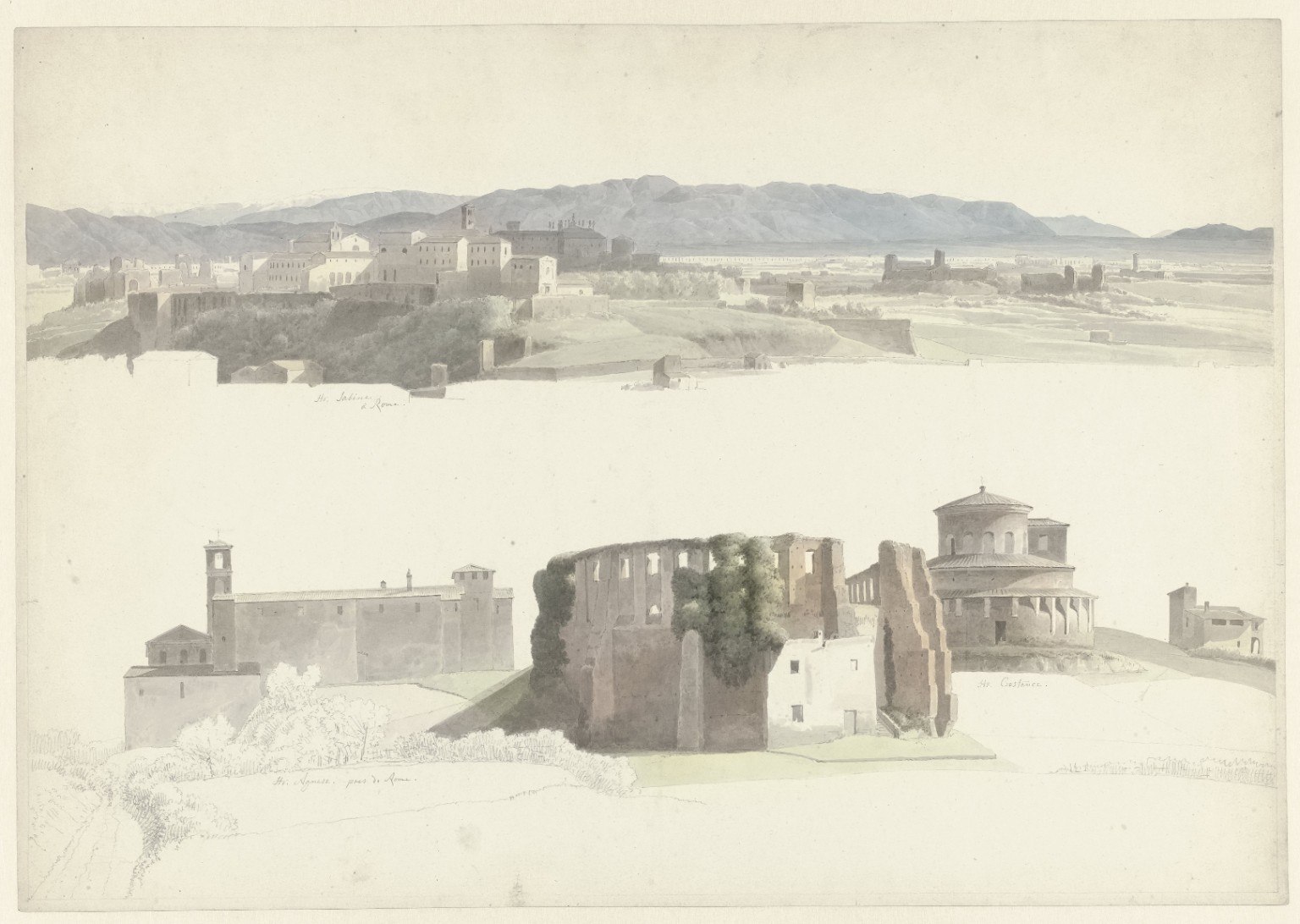 Samengesteld blad met Romeinse panorama- en architectuurstudies