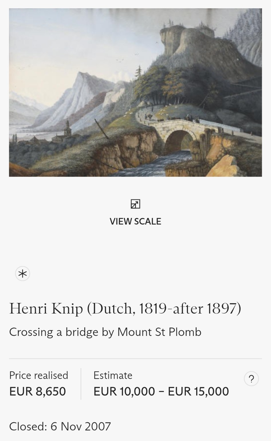 Henri Knip — Christie’s comparator, Crossing a bridge by Mount St Plomb