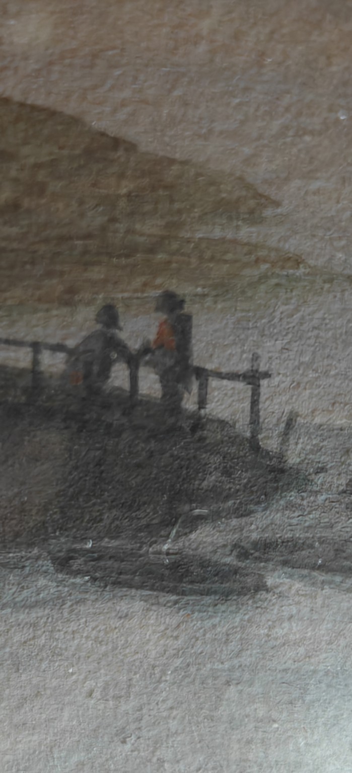 6-L. De Jager — twee figuren bij een aanleg-/oeverconstructie aan de rivier.