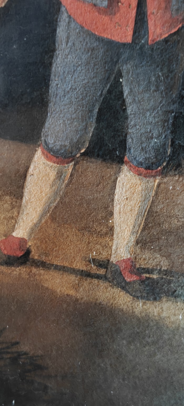6-Q. “De Jager” — detail van onderbenen, kousen en schoenen van de hoofdfiguur.