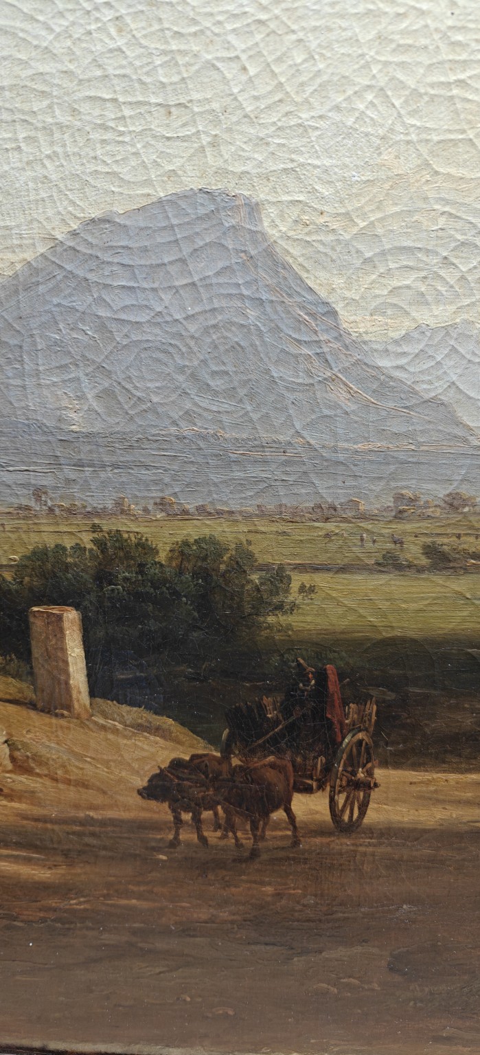 Buffels / Paestum — wagen met trekdieren en bergmassief